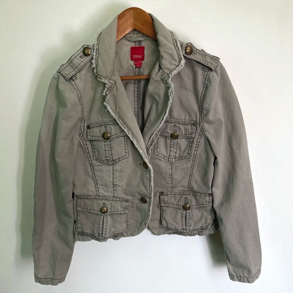 Esprit Jacket Womens Size 14 Khaki Beige Utility Y2K 2000s Frayed Hem Distressed